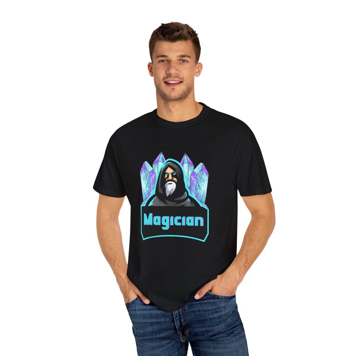 Man wearing Purple Crystals wizard t-shirt