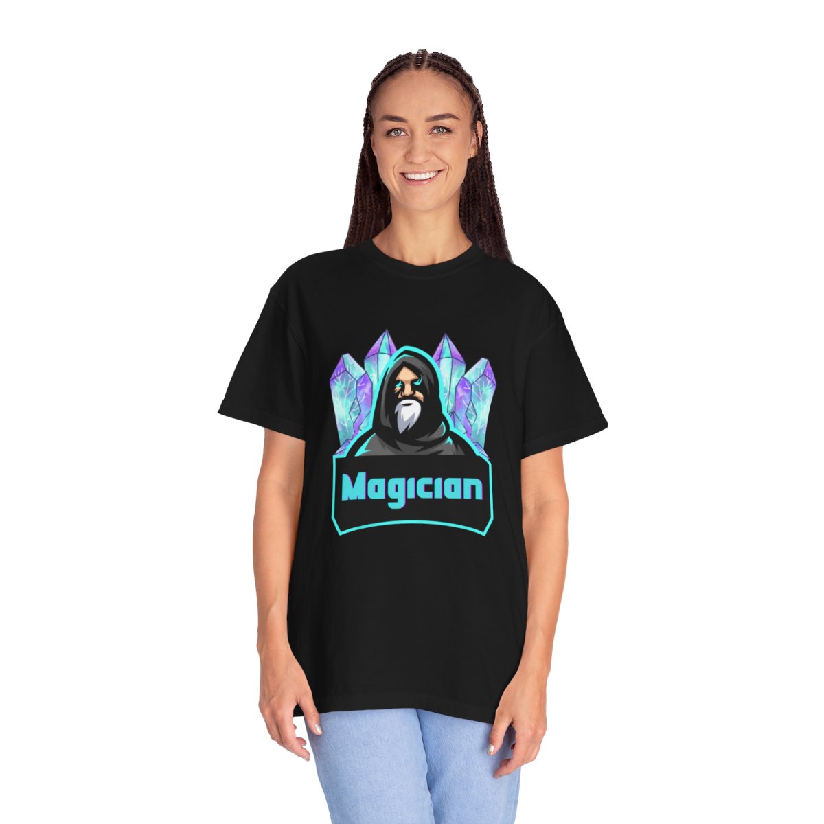 Woman wearing Purple Crystals wizard t-shirt
