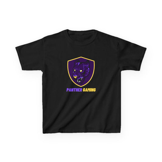 Purple Panther Kids T-Shirt front view with gaming-themed graphic design