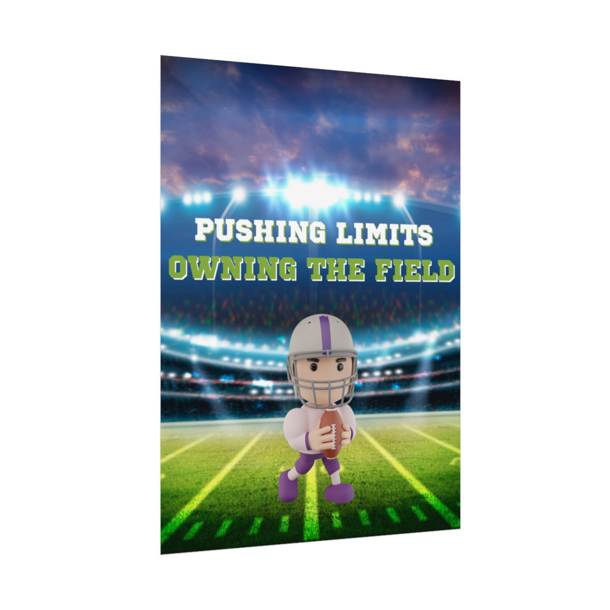 Side view of rolled Pushing Limits Owning The Field 3D American Football poster showcasing thickness and rolled edge