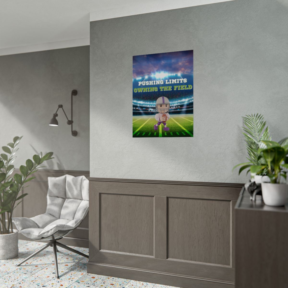 Person unrolling Pushing Limits Owning The Field 3D American Football poster revealing vibrant stadium artwork