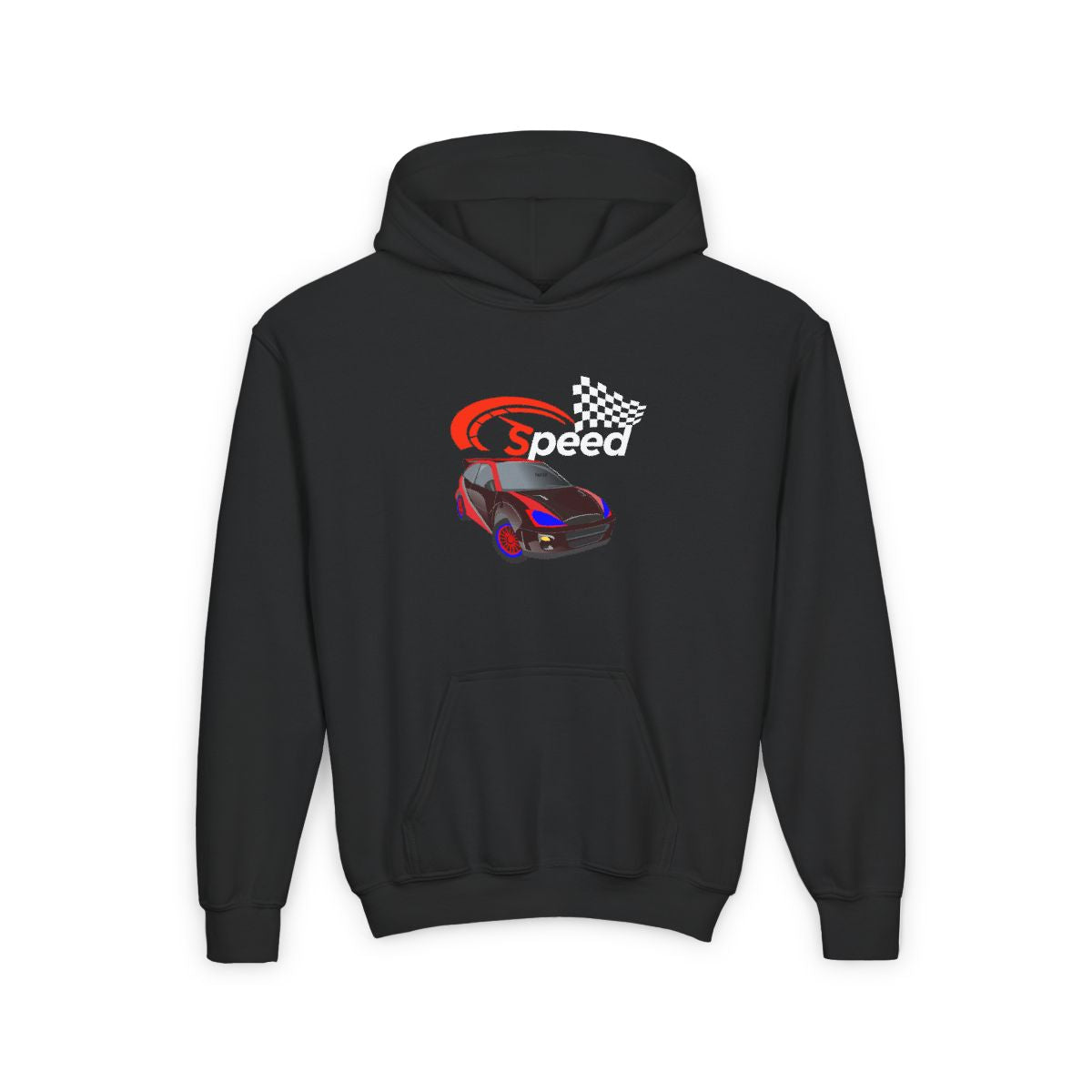 Speedometer Flag Youth Hoodie showing racing sports car design for boys and girls