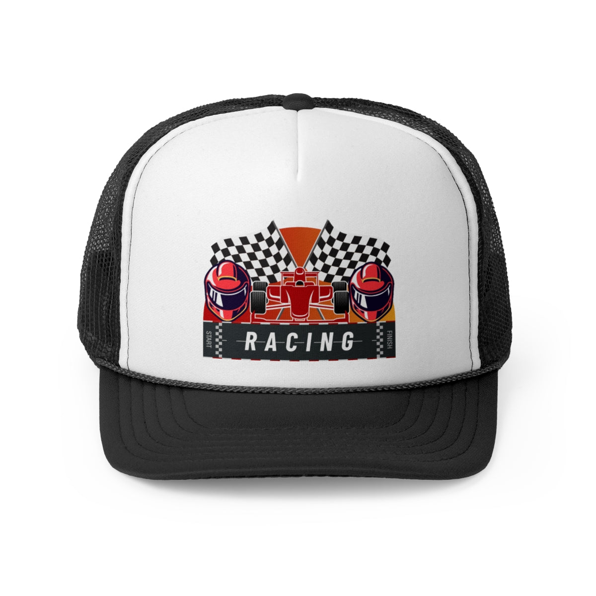 Front view of Racing Track Trucker Cap with retro motorsports design