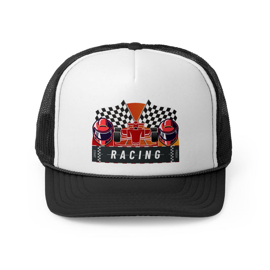 Front view of Racing Track Trucker Cap with retro motorsports design