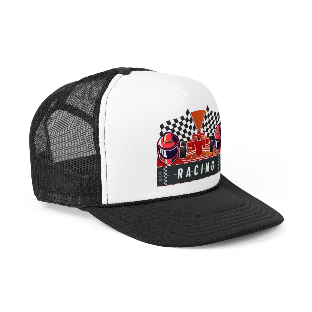 Side view of Racing Track Trucker Cap showing mesh panel and racing graphic