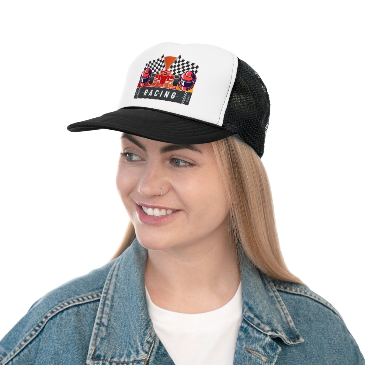 Person wearing Racing Track Trucker Cap styled for casual motorsport look
