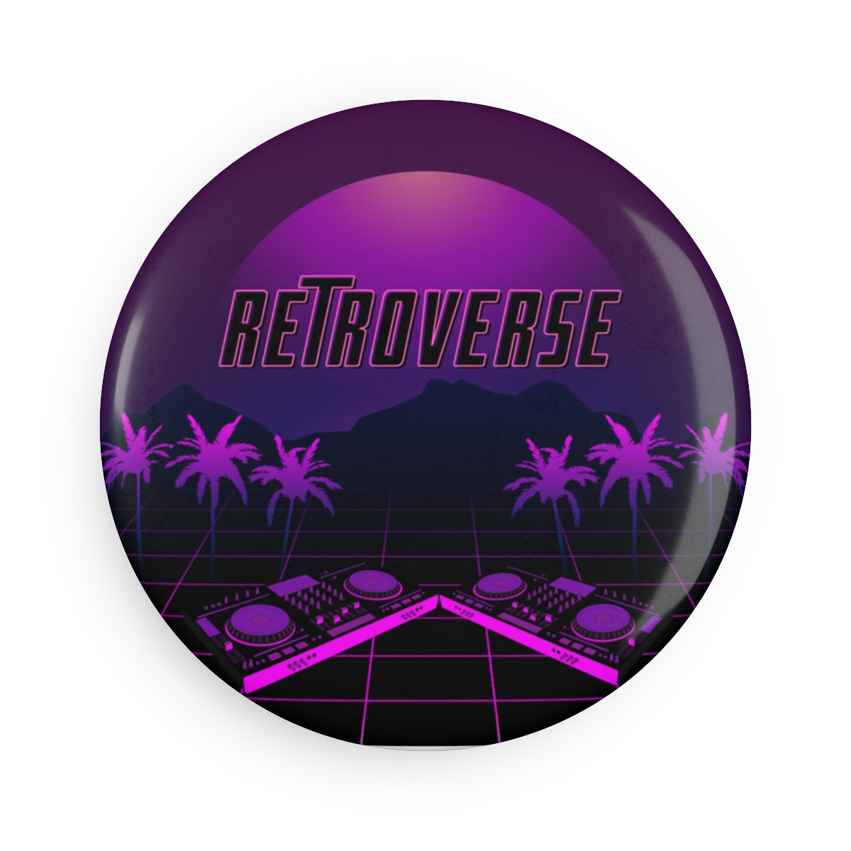 Front view of Retro 80s Button Magnet Sticker with vibrant synthwave colors and round shape