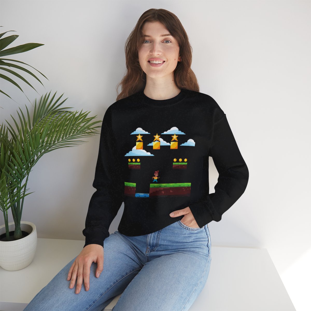 Woman wearing Retro 90s Arcade Game Sweatshirt – cozy 90s arcade gaming crewneck
