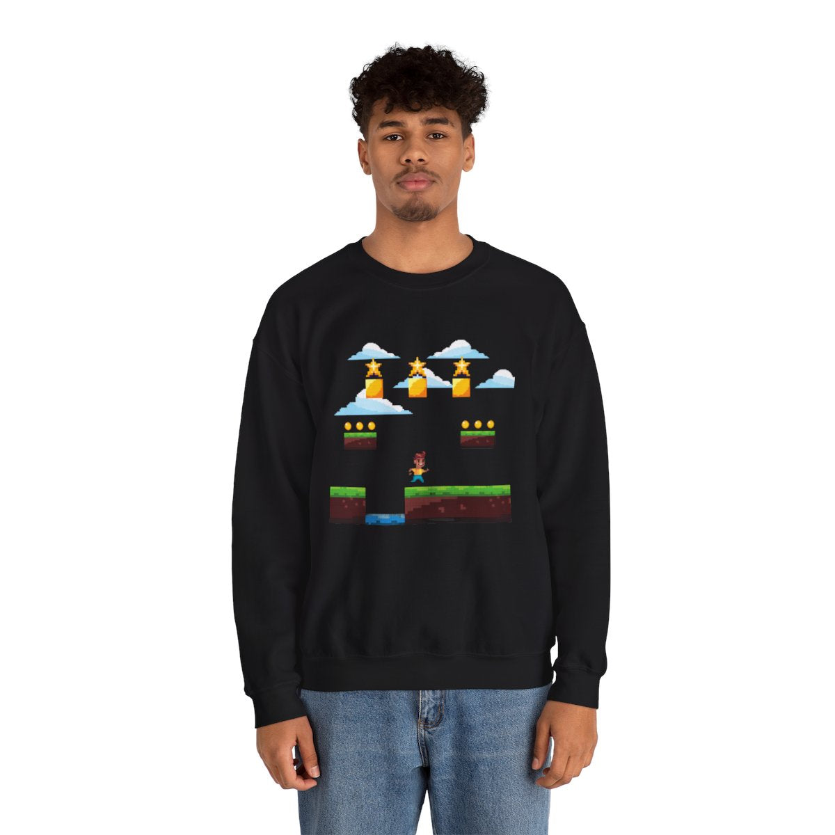 Man wearing Retro 90s Arcade Game Sweatshirt – casual retro gaming crewneck