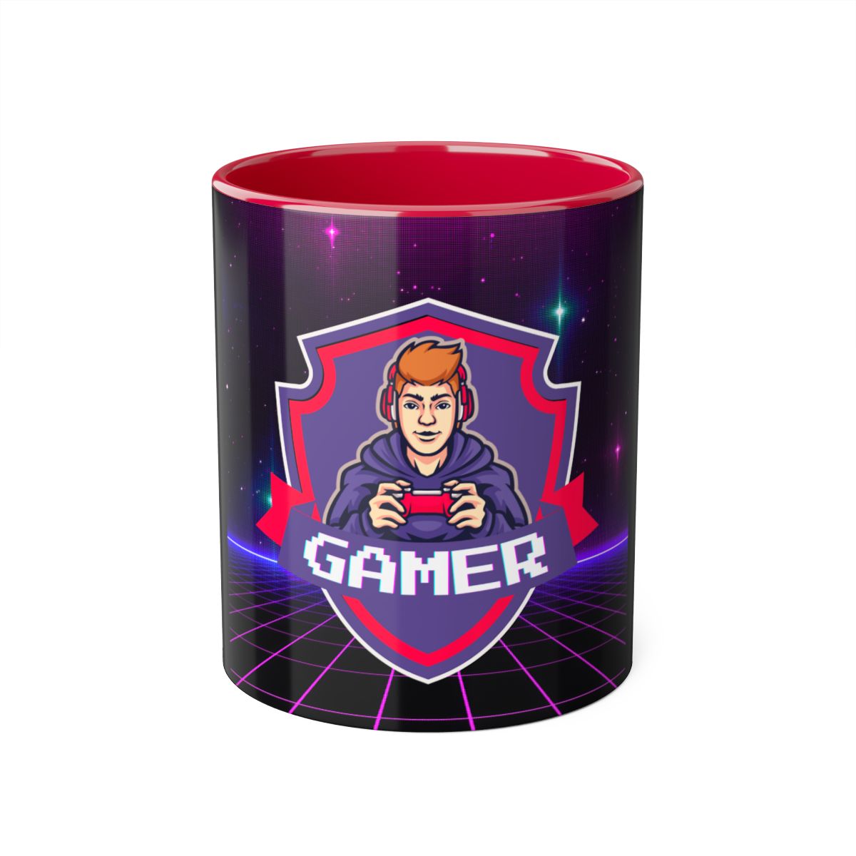 Red Gamer Coffee Mug front view with vibrant game controller design