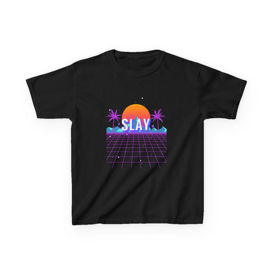 Retro Space Kids T-Shirt featuring futuristic mountain landscape graphic for boys and girls
