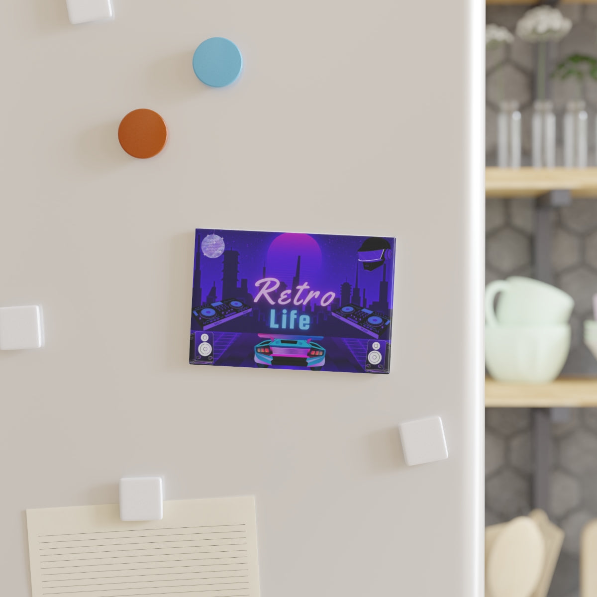 Rectangular Magnet Retro Life 1980s displayed on fridge door in retro kitchen