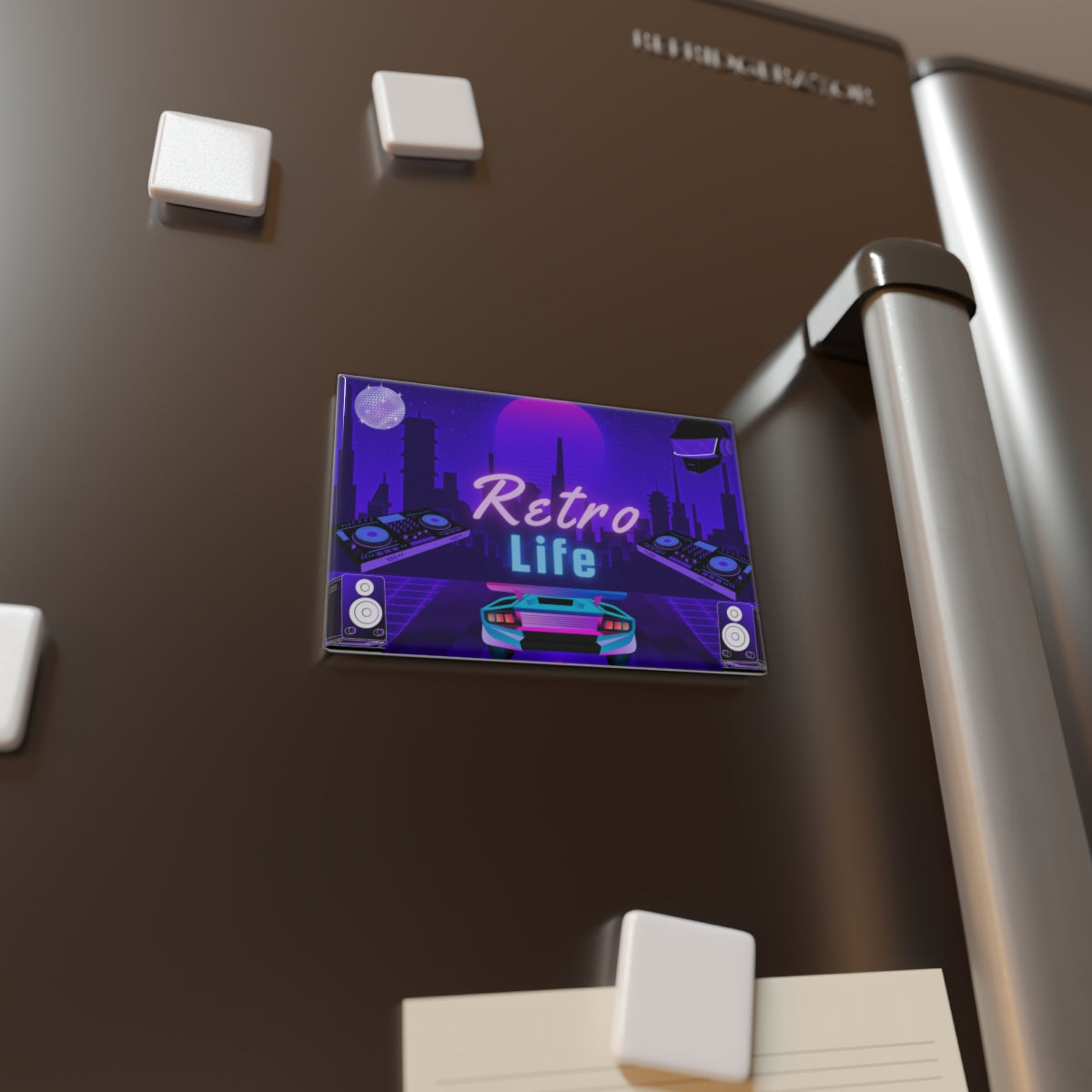 Rectangular Magnet Retro Life 1980s displayed on fridge door in retro kitchen