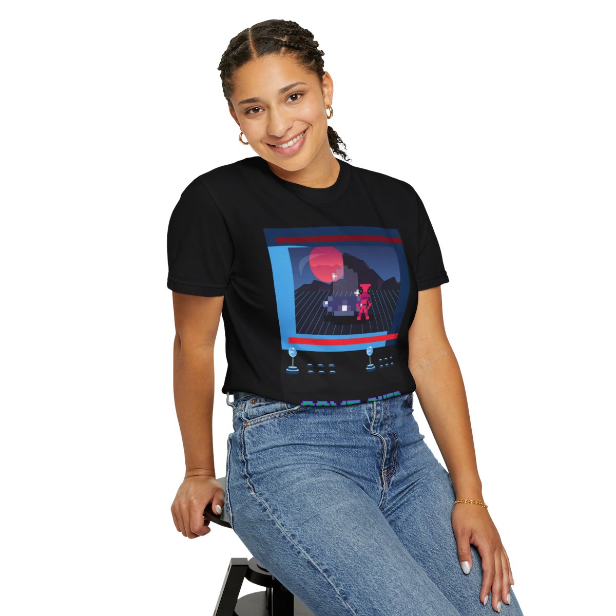 Woman wearing Retro Video Game T-Shirt while sitting – casual gaming tee