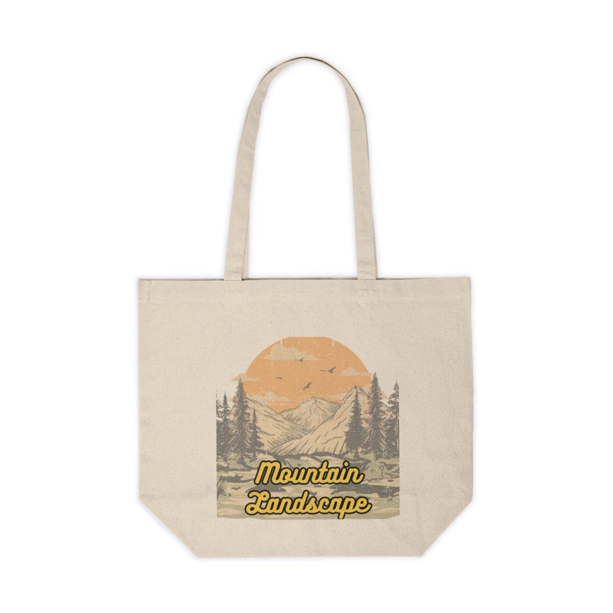 Front view of Retro Sunset Mountain Tote Bag with vintage sunset and mountain design