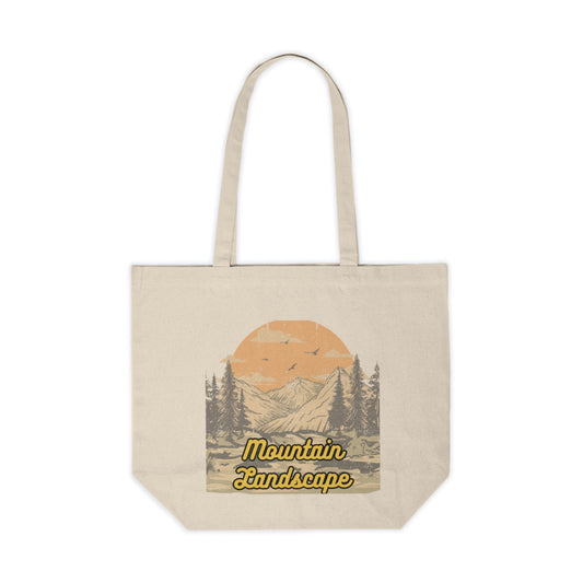 Front view of Retro Sunset Mountain Tote Bag with vintage sunset and mountain design