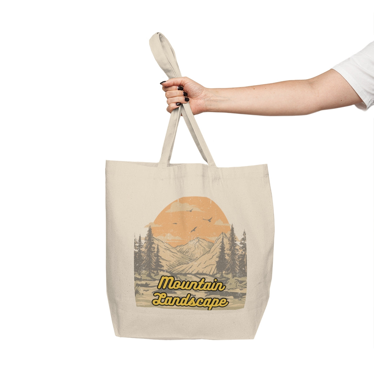 Second person carrying the Retro Sunset Mountain Tote over the shoulder in a casual outdoor setting