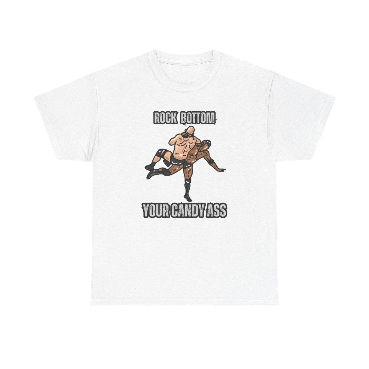 Front view of rock bottom wrestling t-shirt with bold text design