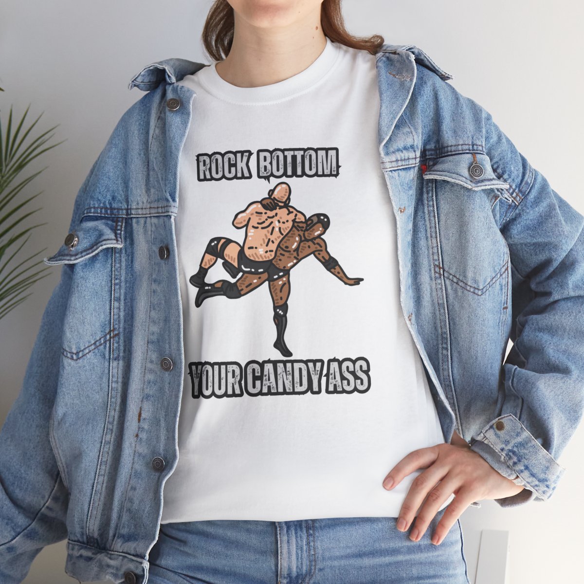 Woman wearing rock bottom wrestling t-shirt in a casual lifestyle setting