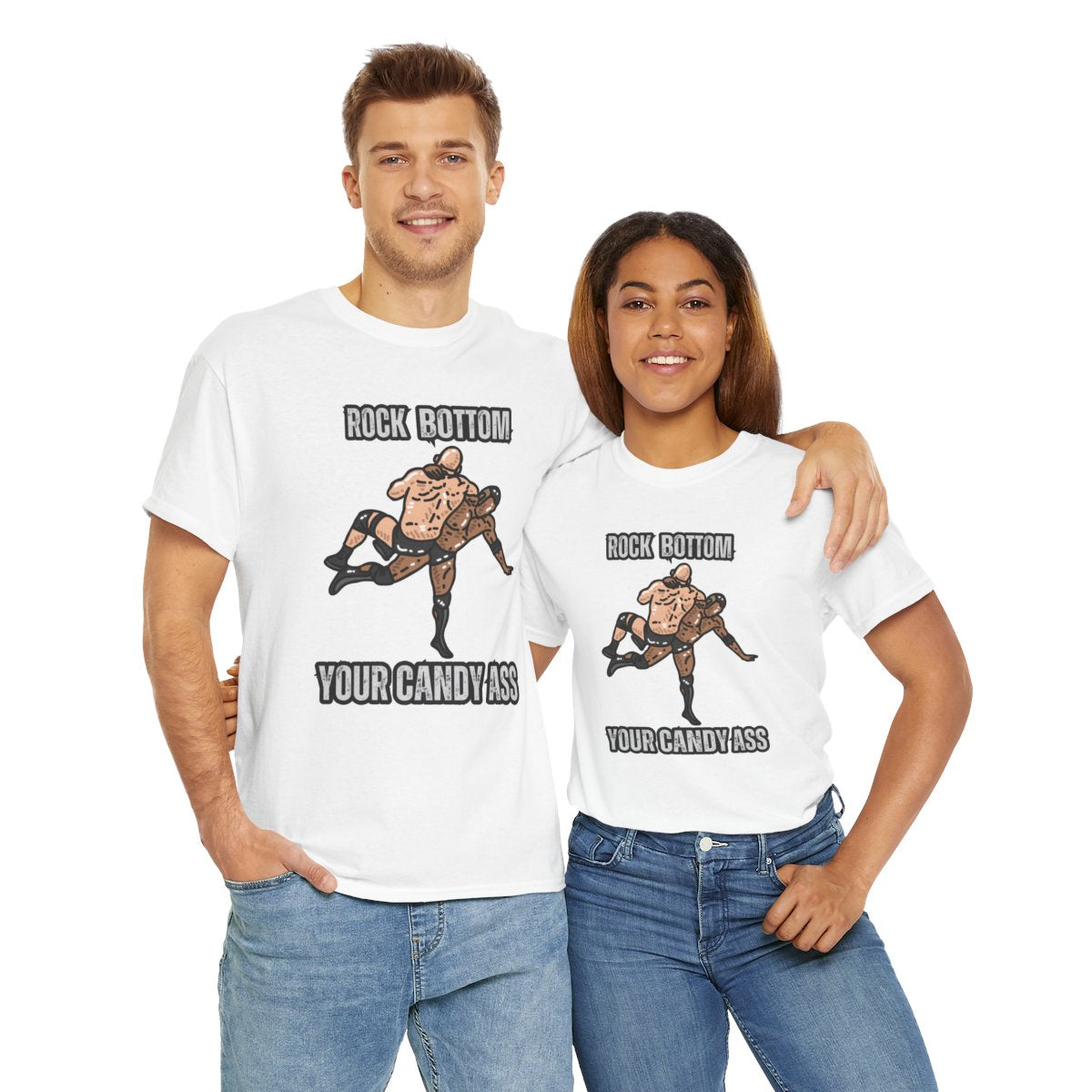 Man and woman wearing rock bottom wrestling t-shirt together – unisex wrestling apparel