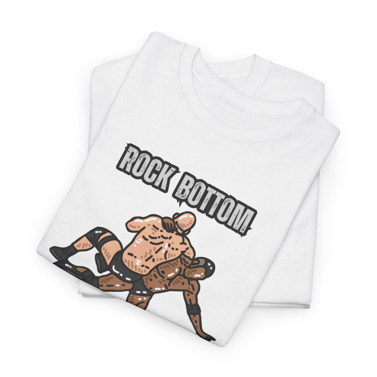 Rock bottom wrestling t-shirt folded neatly to display design and fabric texture