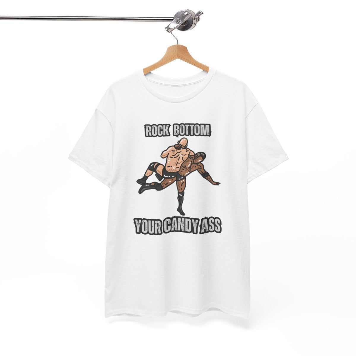 Rock bottom wrestling t-shirt hanging on display – bold wrestling fan apparel