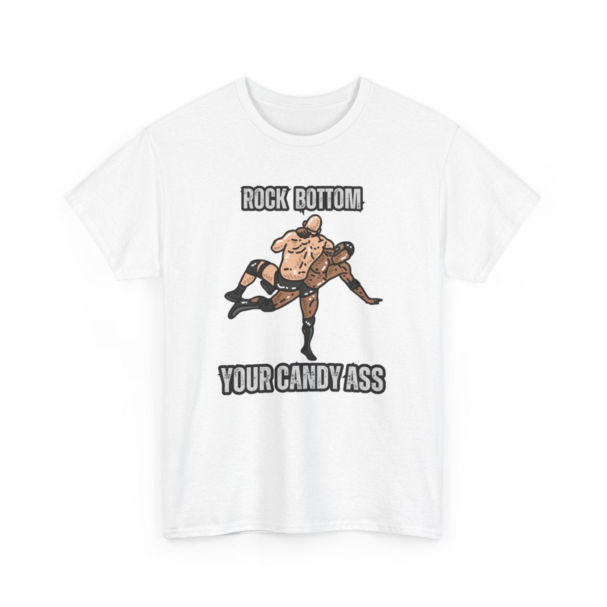Detailed front design of rock bottom wrestling t-shirt showing graphic and text