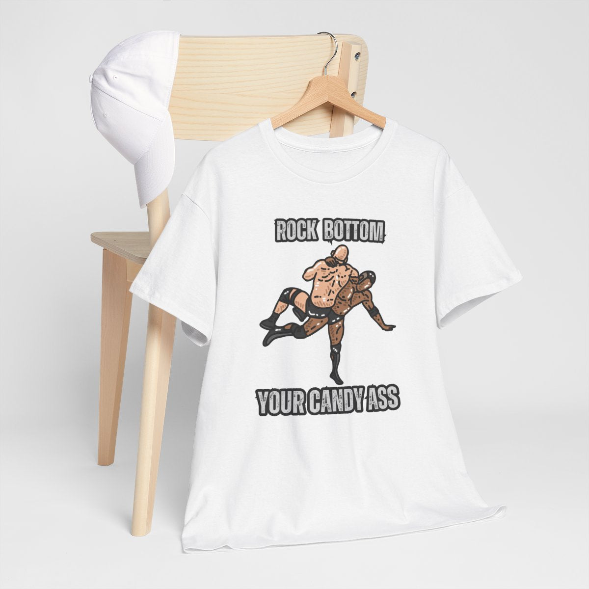 Rock bottom wrestling t-shirt hanging against a neutral background
