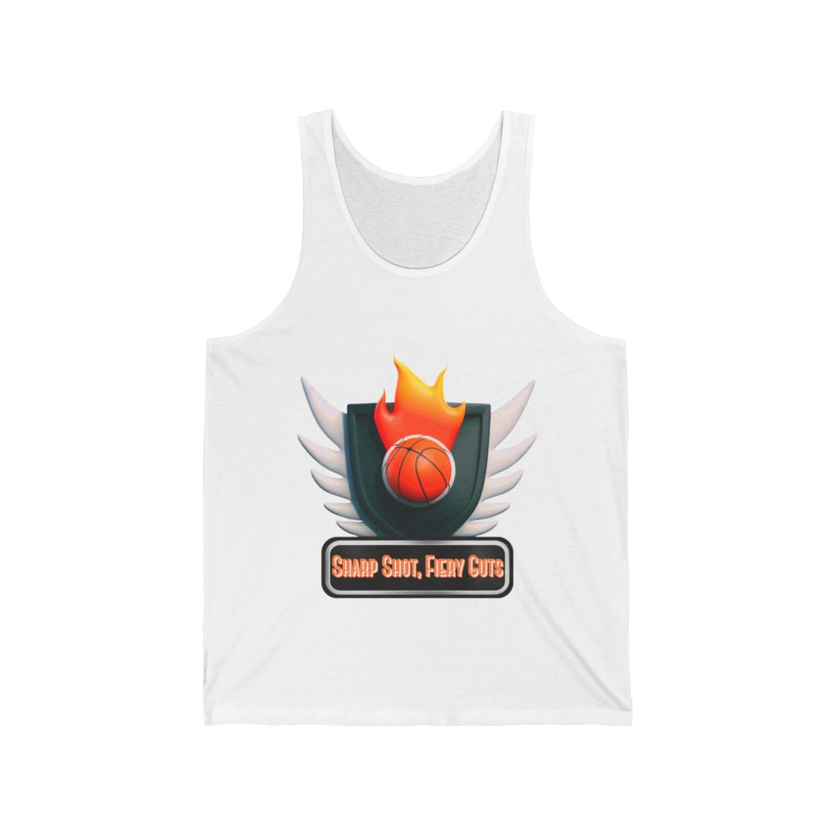 Basketball Jersey Tank Top in white with 3D sharp shots and fiery guts design