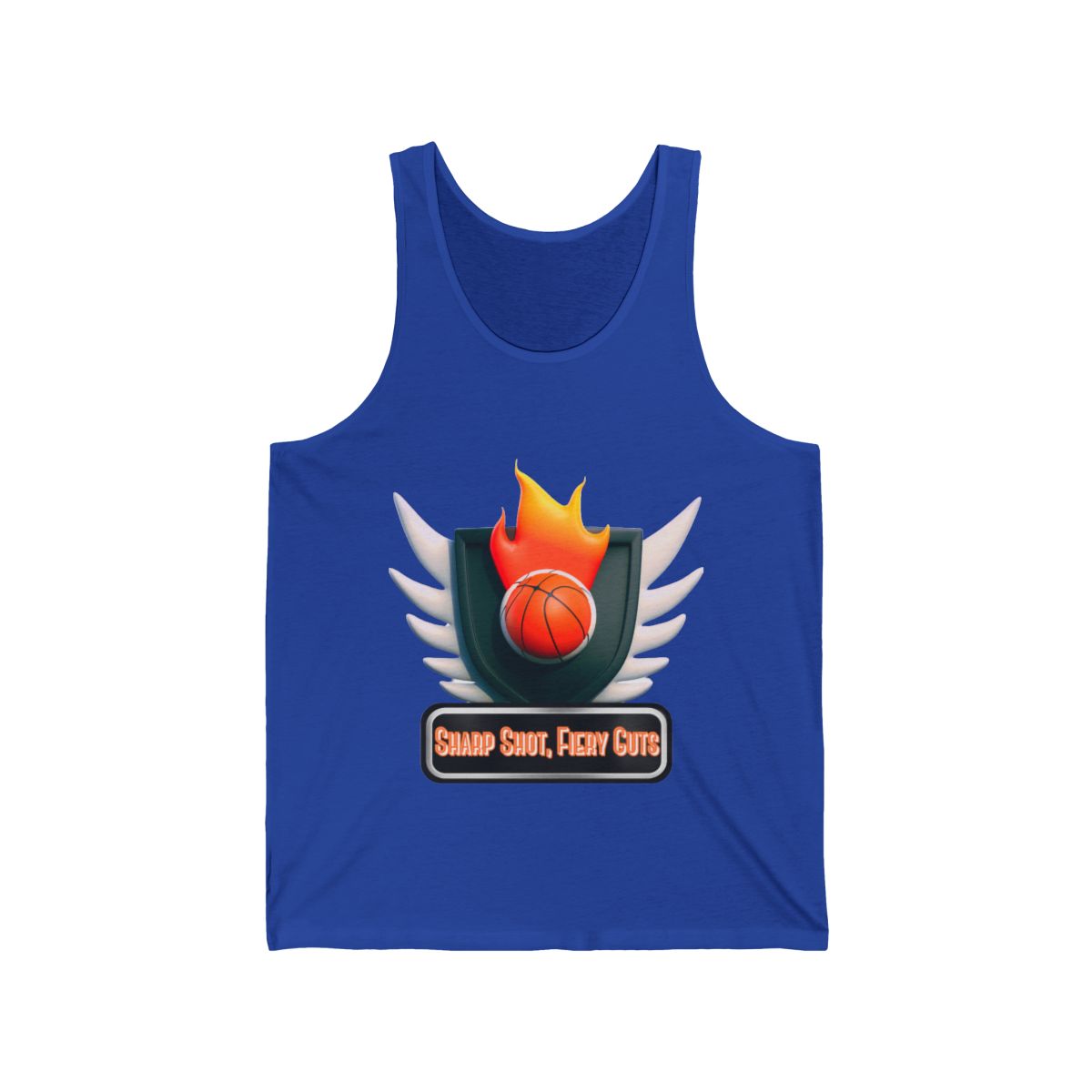 Basketball Jersey Tank Top in royal blue with 3D sharp shots and fiery guts design
