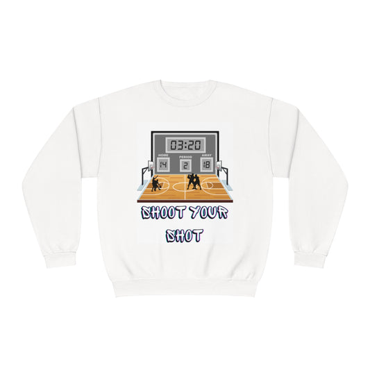 Front view of basketball courtside sweatshirt with scoreboard-inspired design