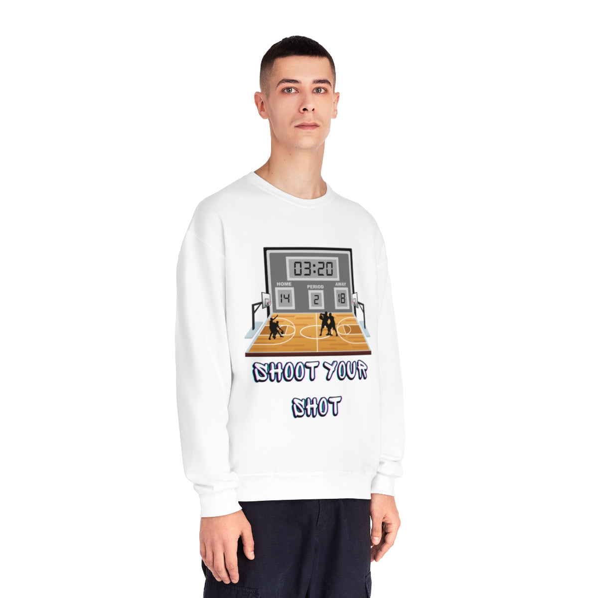 Man wearing basketball courtside sweatshirt showing athletic design
