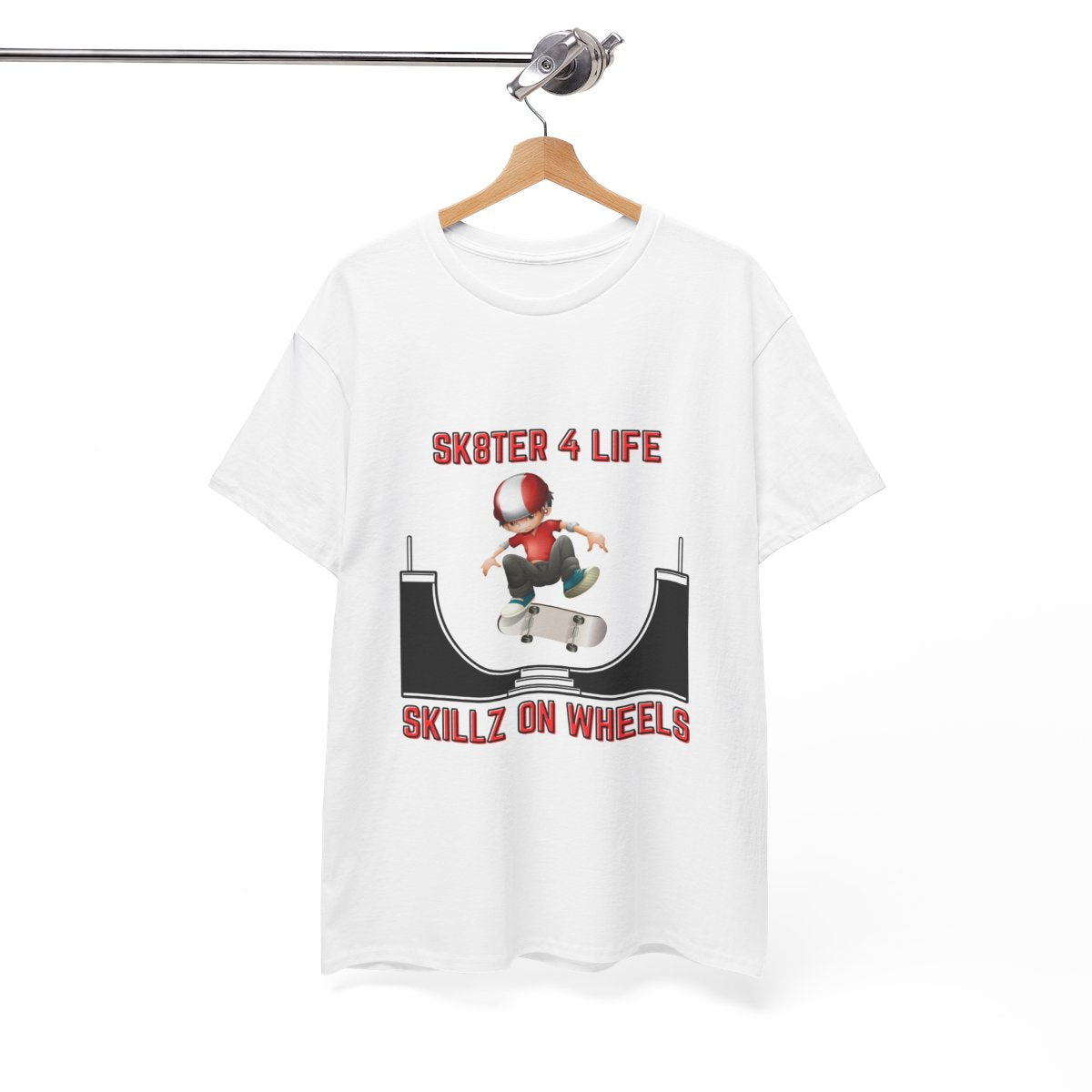 Skateboarder T-Shirt hanging on rack, streetwear style