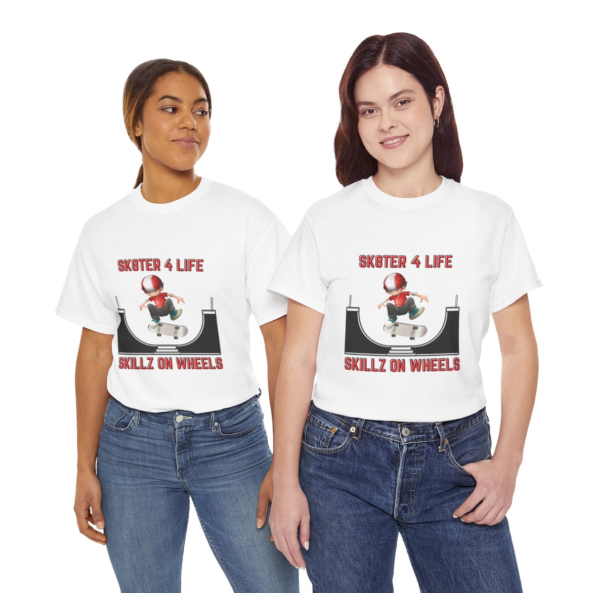 Two women wearing Skateboarder T-Shirts, styled in skater fashion