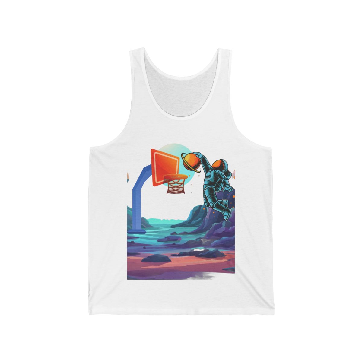 Space-themed tank top featuring an astronaut slam dunking a basketball in zero gravity, shown in white
