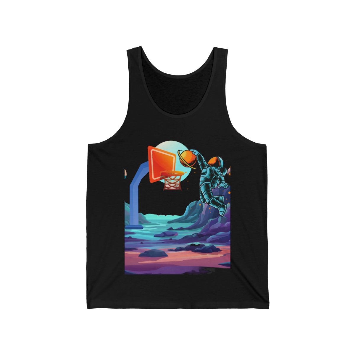 Space-themed tank top featuring an astronaut slam dunking a basketball in zero gravity, shown in black