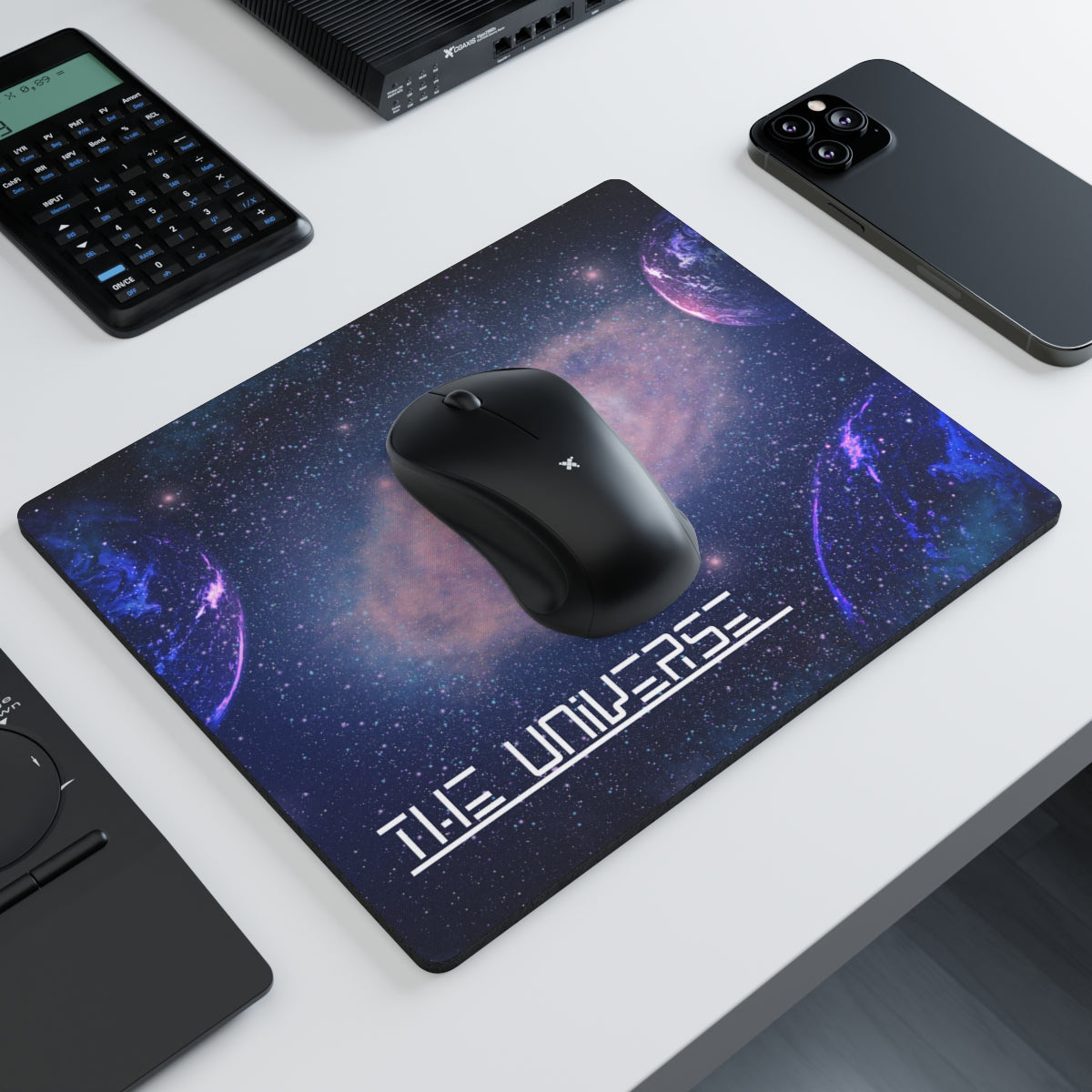 Galaxy Mouse Pad on a modern desk setup with laptop and keyboard