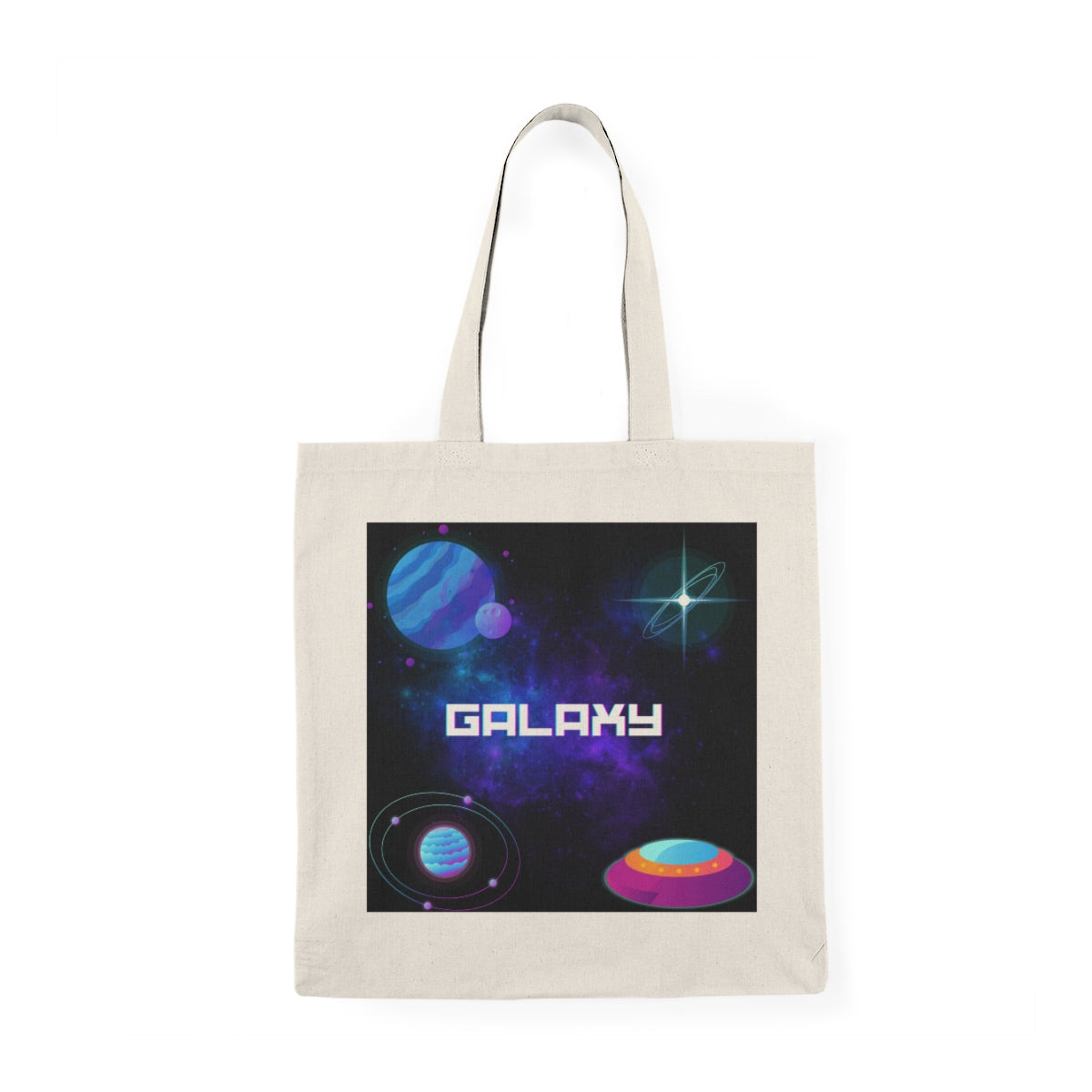 Front view of space galaxy tote bag with supernova and planetary design