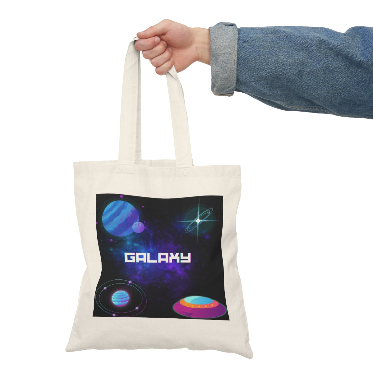 Front View in Use  Space galaxy tote bag carried by person, showing front supernova print