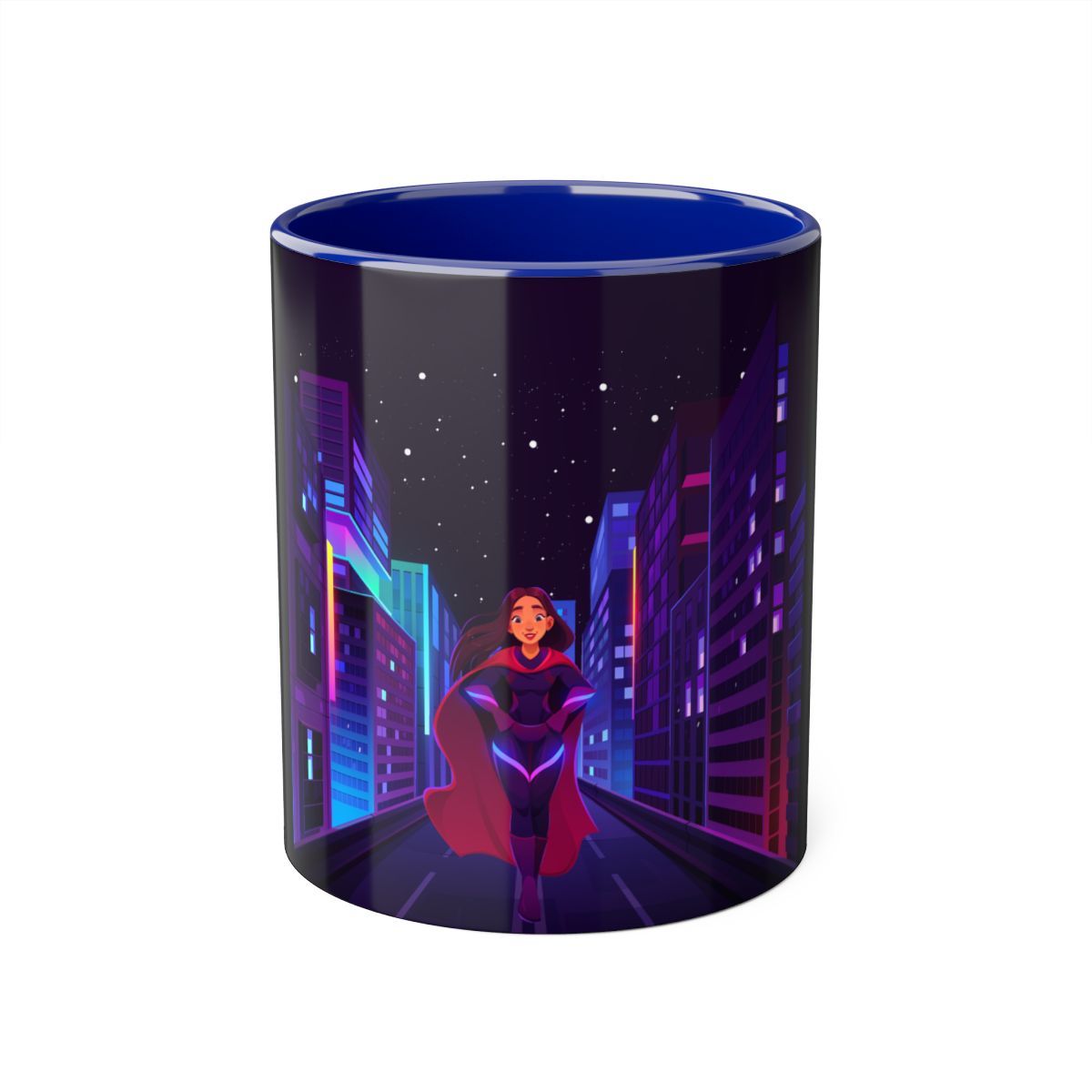 Front view of Cartoon Superwoman Accent Mug with starry night city design