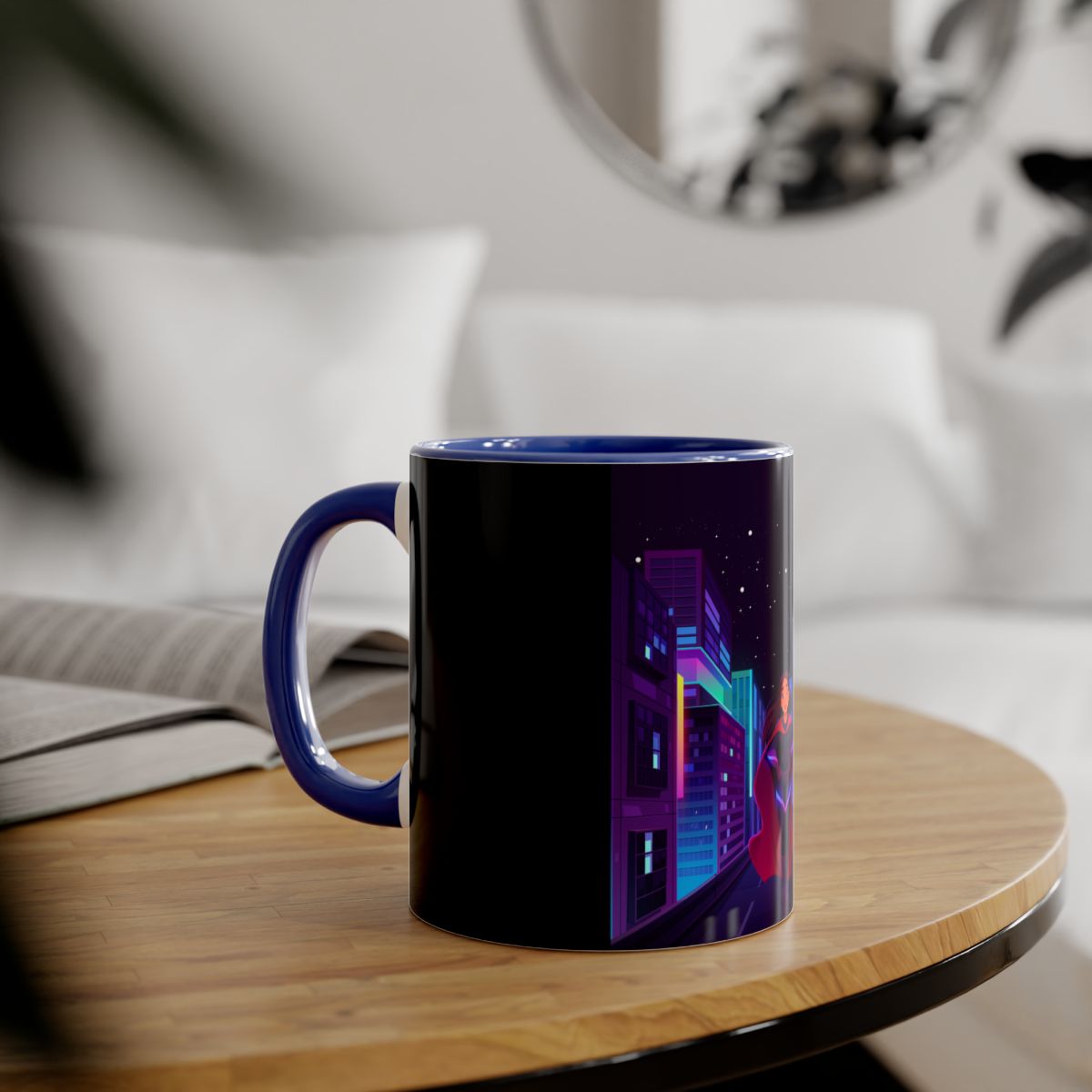 Cartoon Superwoman Accent Mug in a kitchen setting with starry night design