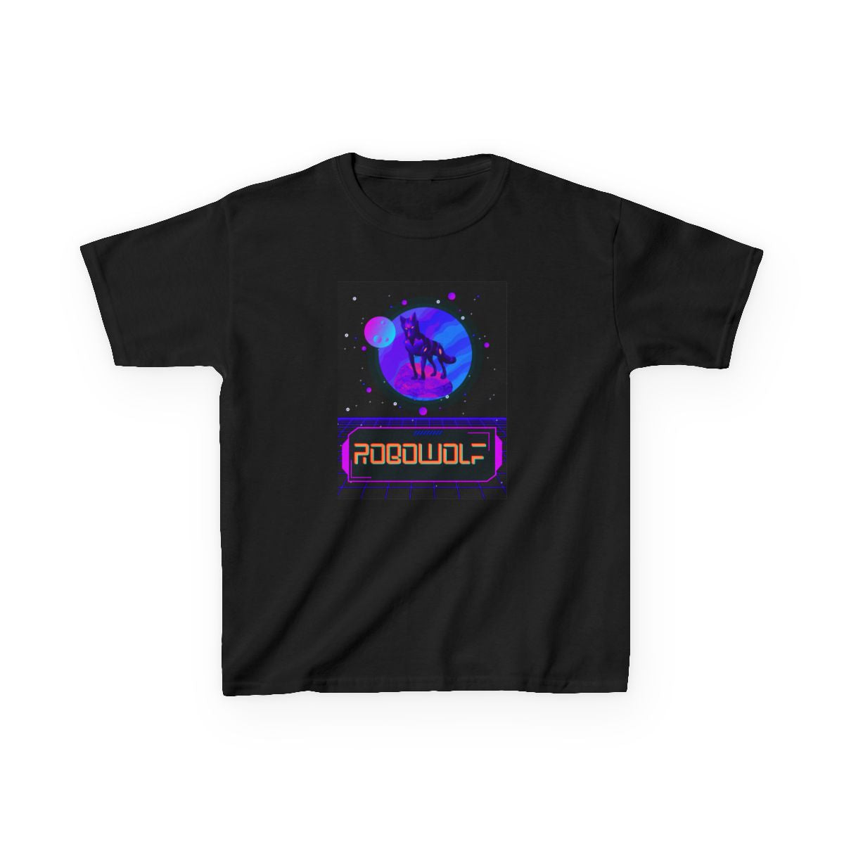 Front view of Space Blue Planet Robowolf Kids T-Shirt – fun sci-fi graphic tee for kids