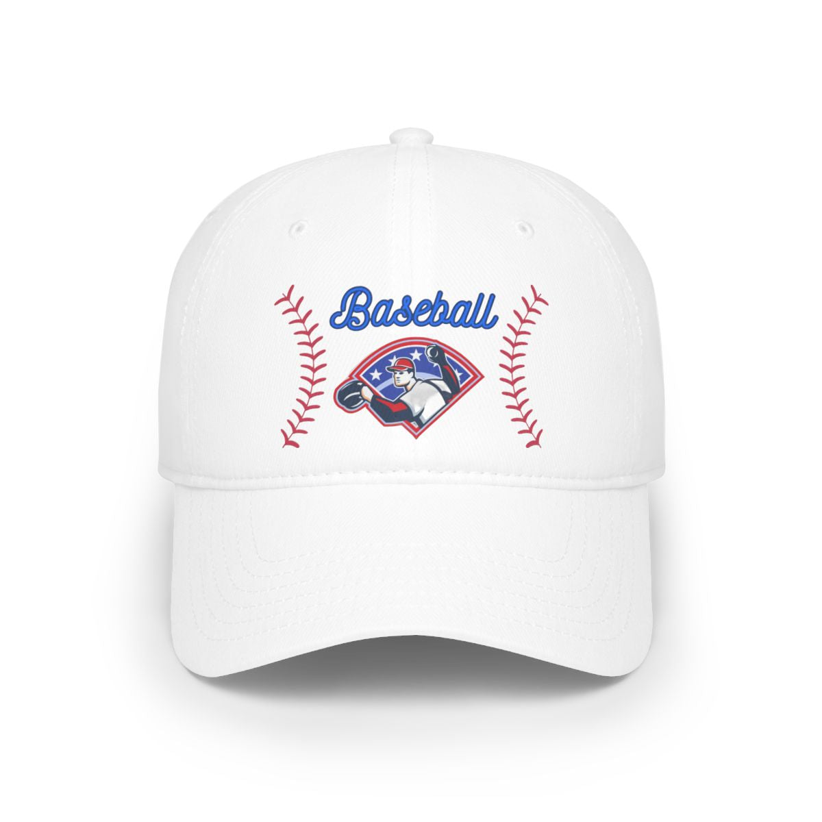 Front view of Striped Baseball Trucker Cap with player throwing a ball graphic