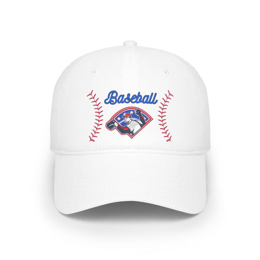 Front view of Striped Baseball Trucker Cap with player throwing a ball graphic