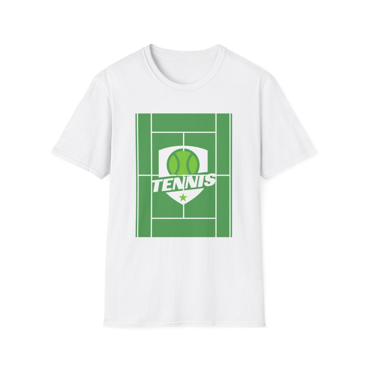 White Tennis Court Sports Tee flat lay with minimalist court design