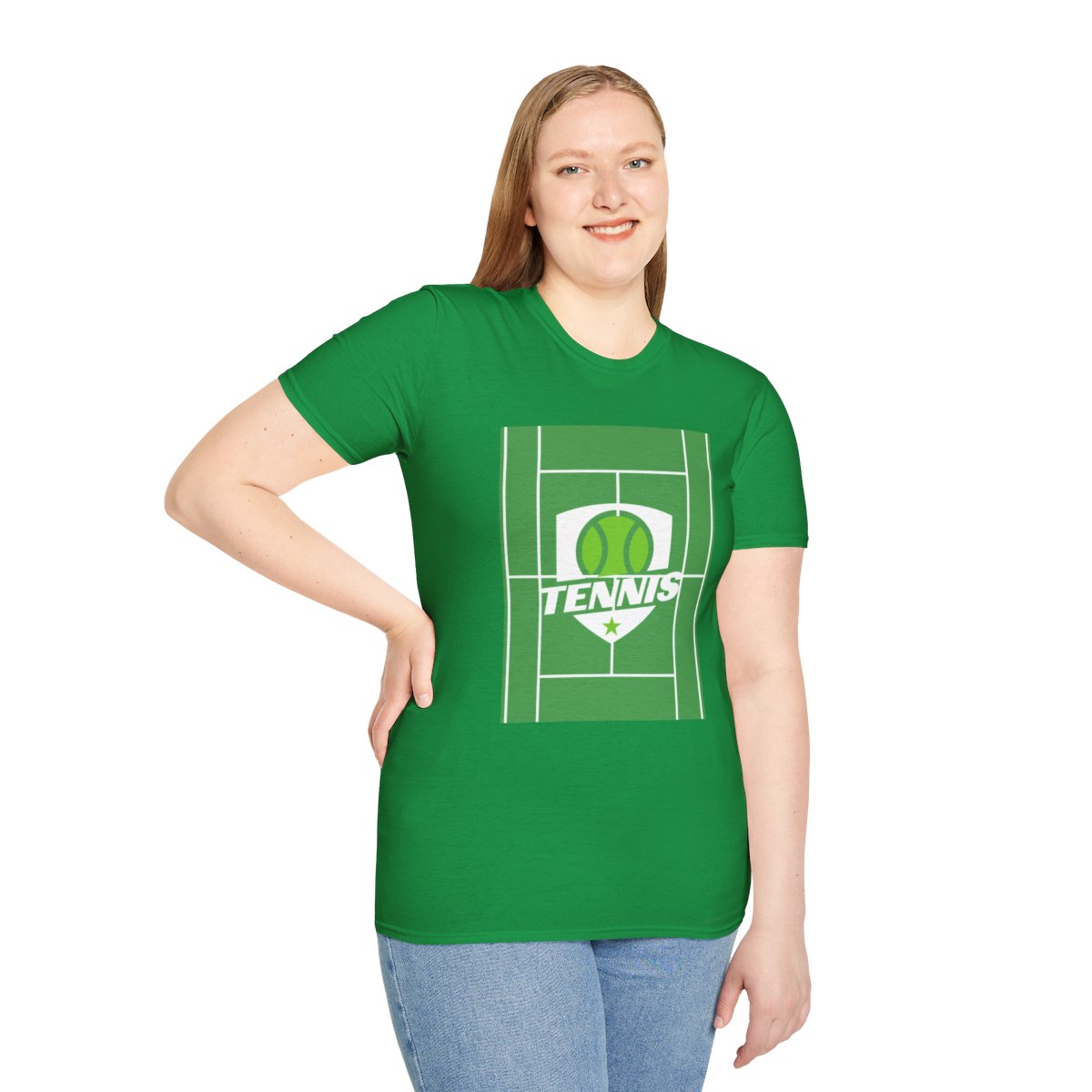 Woman wearing Irish Green Tennis Court Sports Tee for athletic tennis style