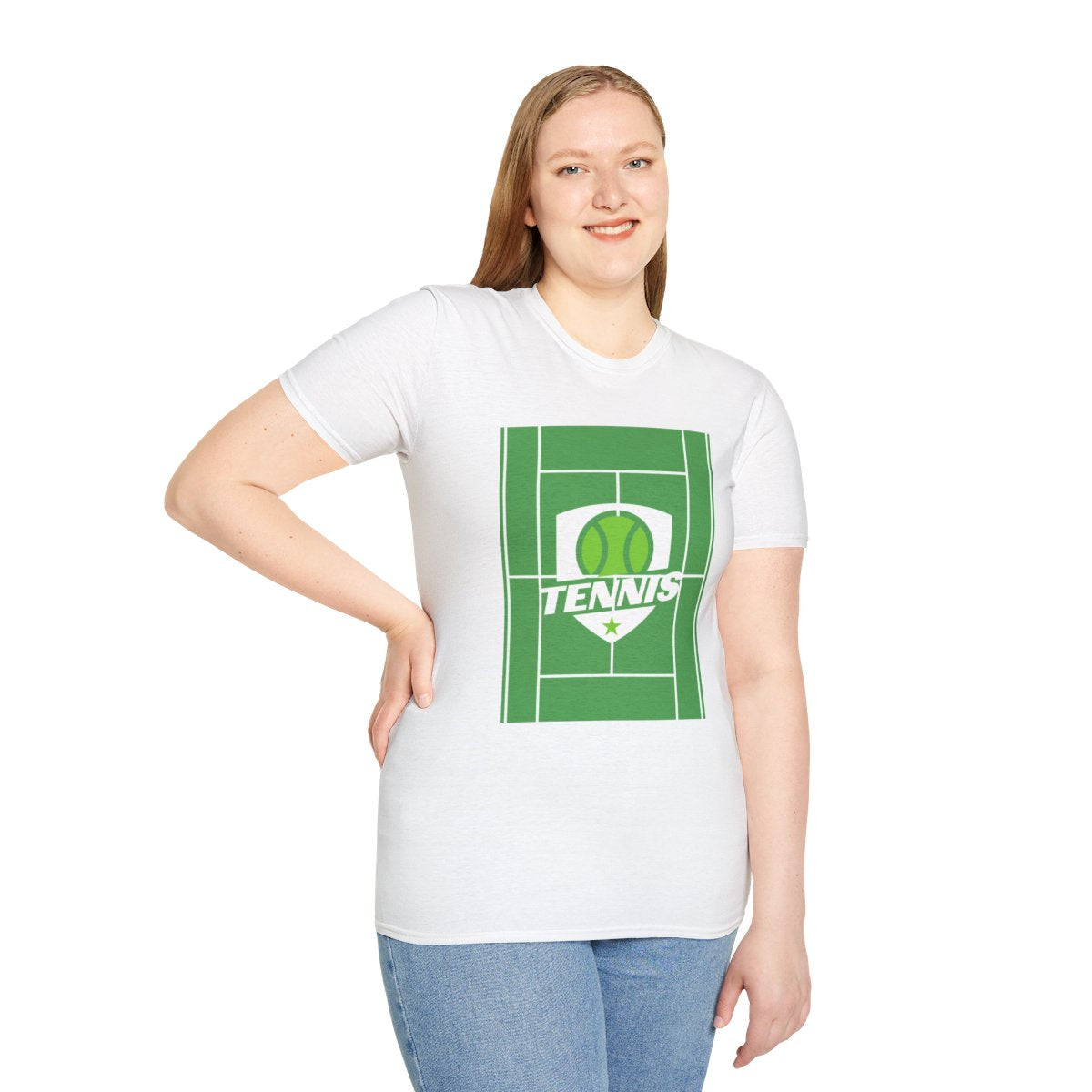 Woman wearing White Tennis Court Sports Tee in casual sporty outfit