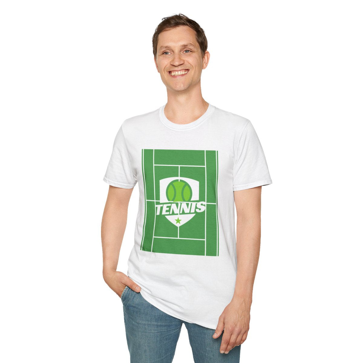 Man wearing White Tennis Court Sports Tee with relaxed athletic fit