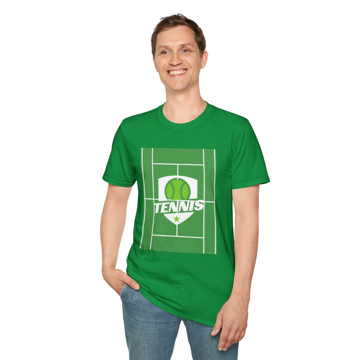Man wearing Irish Green Tennis Court Sports Tee, styled for tennis fans
