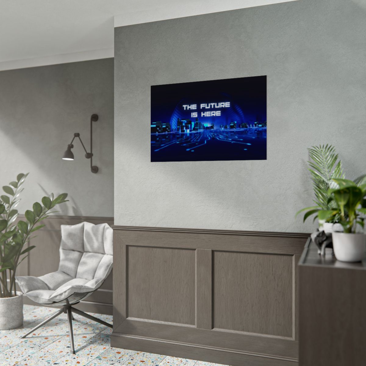 Futuristic 3D City Poster displayed in a sci-fi themed home office space